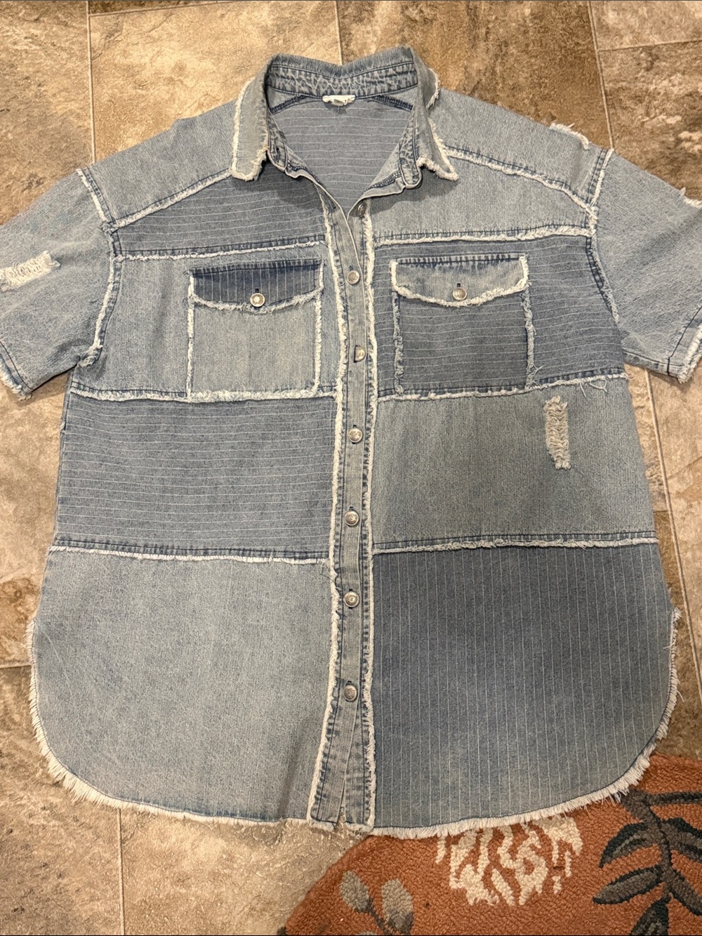 POL Distressed Frayed Hem Denim Patchwork Shirt
